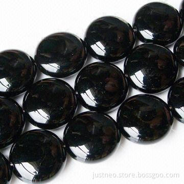Black disc-shaped semi precious agate gemstone, beaded strand, polished finish